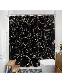 Abstract Shower Curtain With Hooks, 66x72 Inch, Waterproof Modern Minimalist Line Art Ladies Aesthetic Creative Bath Curtain - A-Vàng đen - Xem 2