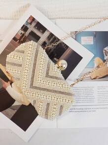 Geantă de mână mini cu perle brodate, cu perle, mari și mici, cu nasturi și perle, cu două fețe