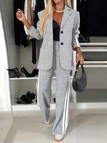 大码女式休闲时尚通勤轻运动风格侧条纹装饰长袖西装外套和裤子两件套西装套装 - 涤纶，可机洗，适合春秋季节。 - 灰色 - 查看 1