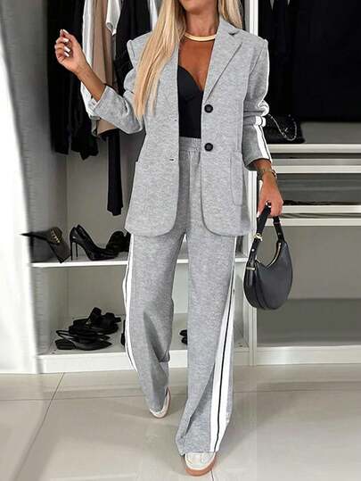 2 piezas Conjunto de chaqueta y pantalones deportivos a rayas de tela ligera y casual para mujer de talla grande - Poliéster, lavable a máquina, adecuado para primavera y otoño, elegante
