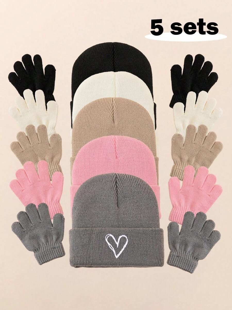 5 pezzi/set Cappellini a cuore per bambini piccoli, berretti invernali per bambini e bambine, cappelli lavorati a maglia caldi per bambini, accessori invernali per neonati - Multicolore - Visualizzare 1
