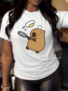 Cute Bear Chef Graphic T-Shirt For Women  Casual Daily Wear  Comfortable & Stylish Top  Perfect For Kitchen Lovers  Fun Animal Design  Ideal For Home Cooking Enthusiasts - White - View 1