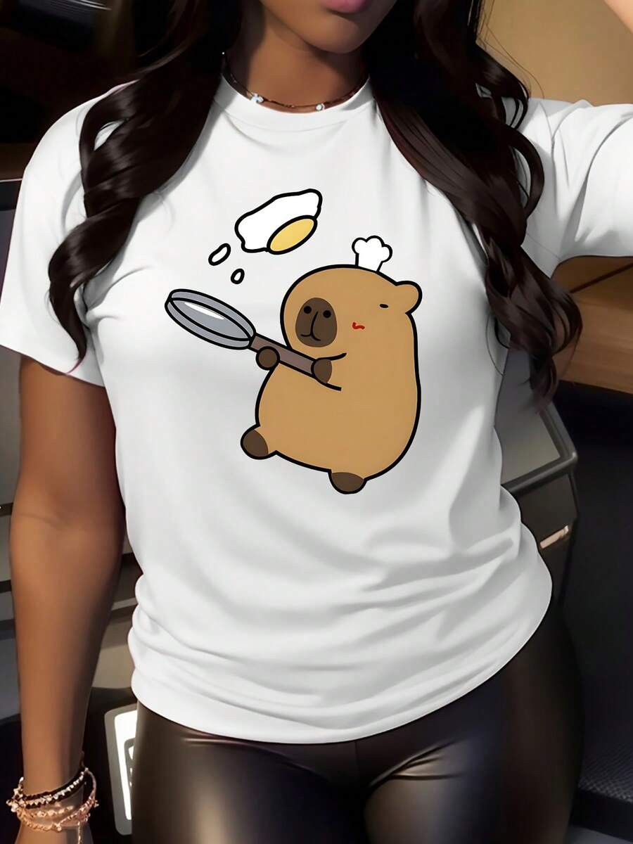 Cute Bear Chef Graphic T-Shirt For Women  Casual Daily Wear  Comfortable & Stylish Top  Perfect For Kitchen Lovers  Fun Animal Design  Ideal For Home Cooking Enthusiasts - White - View 1