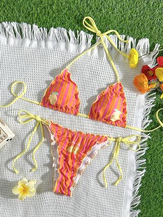 新款春夏沙滩泳池派对时尚性感柠檬定制印花蕾丝系带比基尼分体泳衣女士