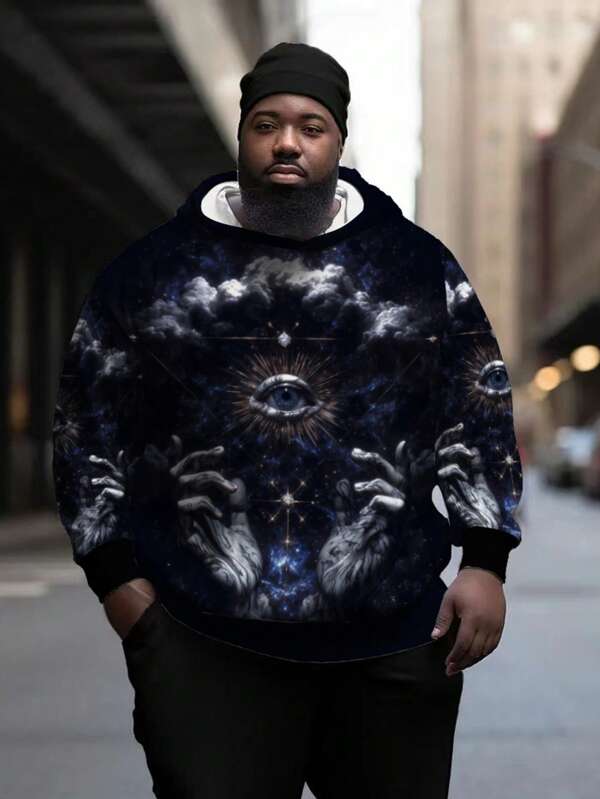 Sudadera con capucha de manga larga con estampado de estrella y ojo para hombres de talla grande, sudadera informal para uso diario, ejercicio, correr, versátil para primavera y otoño