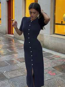 Váy len dệt kim đơn hàng khuy đơn thanh lịch cho nữ, váy midi dáng ôm cổ chữ V đơn giản, trang phục công sở mùa thu - Màu xanh lam - Xem 4