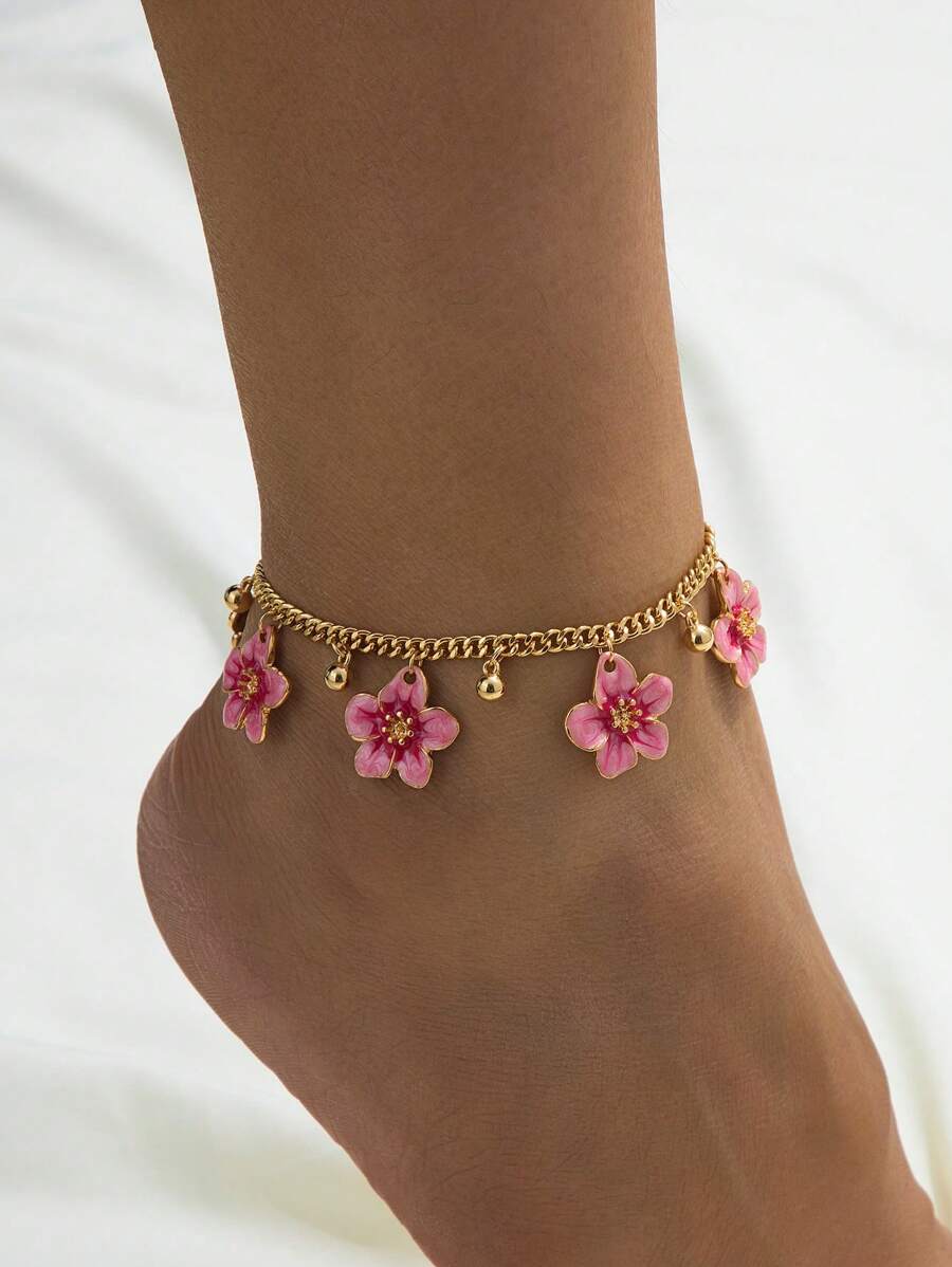1pc Elegant Vintage French Style Handmade Tie Dye Gradient Pink 5-Petal Flower & Golden Tiny Ball Pendant Anklet For Women (No Gift Box) - Pink - View 1