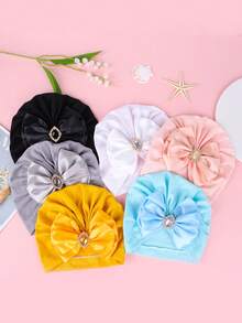 Gorro de niños con gemas de colores, decoración de lazo tridimensional de doble capa, gorra elástica tejida a mano a prueba de viento, gorro lindo para niñas pequeñas, adecuado para juegos al aire libre, fiestas y estilo diario