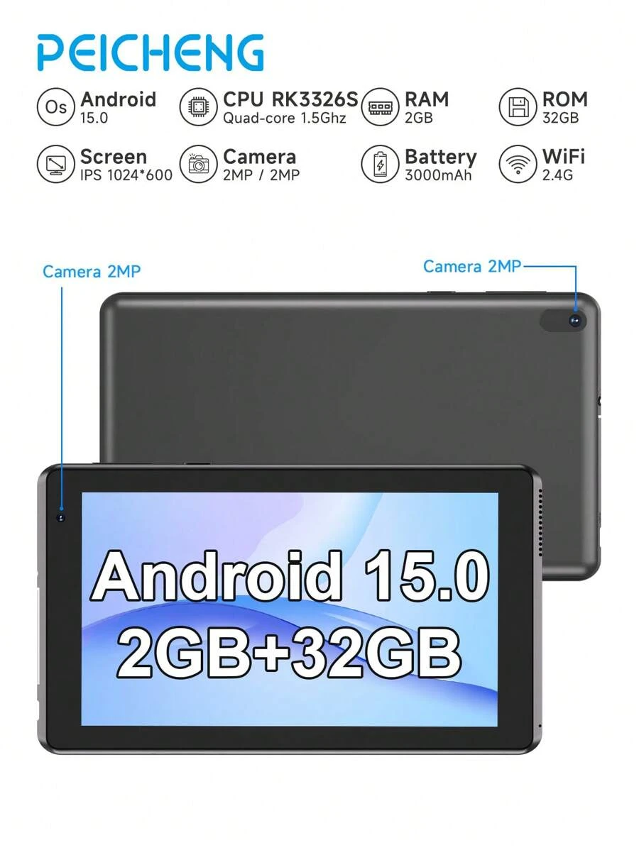 Tablet Android 15 Tablet, 2GB RAM 32GB ROM/2.4G WiFi/RK3326S 4-Core 1.5Ghz/BT 5.2/FHD IPS Display/2MP+2MP Dual Camera/3000mAh/Support 512GB SD Expansion/For Online Lesson,Reading,Games,Support Widevine L1(No Adapter)