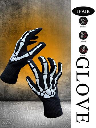 1 Pair Knitted Cycling Gloves, Halloween Decor Glow-In-The-Dark Skeleton Pattern Cycling Gloves, Outdoor Fitness Knitted Gloves, Holiday Decor Fluorescent Gloves, Punk Street Dark Style Knitted Warm Gloves
