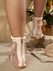 Women's New Summer Beige Thong Fishnet Hollow Breathable Luxury Fashion Versatile Personalized Vacation First Choice, Casual Outdoor Beach Vacation Recommended Fairy Style Square Toe Retro French Simple Back Zipper Mid-Calf Boots