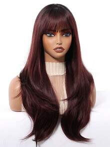 Straight Bangs 24 "Red Wig Fashion Flamboyant Elegant Wig Daily Party Wig Christmas Holiday Party Wig,Halloween Christmas Gifts,Gifts For Girlfriends,Summer,Festival Care,Natural Sexy Simple Casual Sports Preppy Cosplay Heat Resistant Fake Hair Or Holiday Party Everyday Wear,For Party,Music Festival Use - 酒紅色 - 查看 3