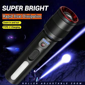 KENSUN 1个强光LED手电筒，伸缩变焦战术手电筒，USB充电，内置电池，适用于户外应急照明