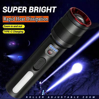 KENSUN 1 pieza Linterna LED brillante, Linterna táctica con zoom ajustable, Recargable por USB, Batería incorporada, Adecuada para iluminación de emergencia al aire libre, Equipo de camping, Artículos esenciales de camping