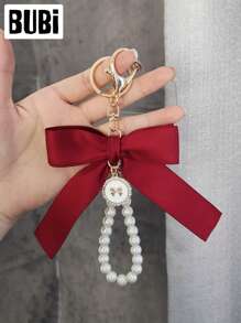 Pearl Bow Keychain For Women Female Lady Girls Fashion Ornaments Universal Bag Pendant Car Key Chain Wristlet Handbag Decoration Holiday Gift Auto Accessories
