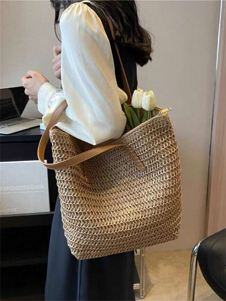 Baila Morena Straw Beach Tote Bag Women Large Faux Leather Striped Shoulder Tote Bag Hand Strap With Zipper - 棕色 - 查看 2