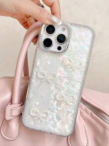 奢华 3D 仿珍珠蝴蝶结闪光水钻贝壳图案手机壳适用于 16 15 14 13 12 Pro Max 11 时尚闪亮后盖防水防震防摔防刮 - 貝殼紋 - 查看 5