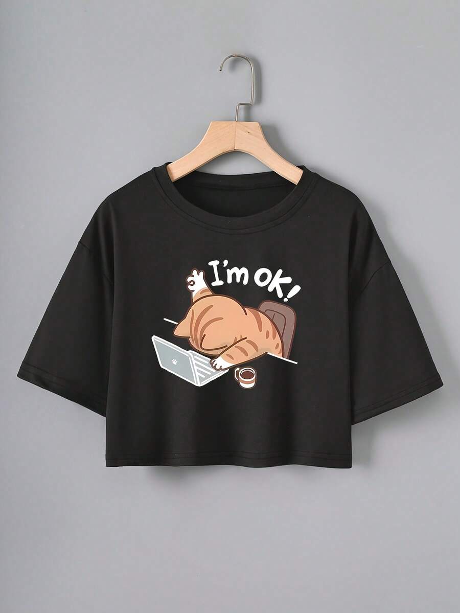 Women's Black Relaxed Fit Cropped T-Shirt - Cute Cat & "I'M OK!" Graphic Print, Round Neck Short Sleeve Top For Running, Gym, Casual Wear - Machine Washable Spring/Summer Tee, Ladies T-Shirts - Black - View 1