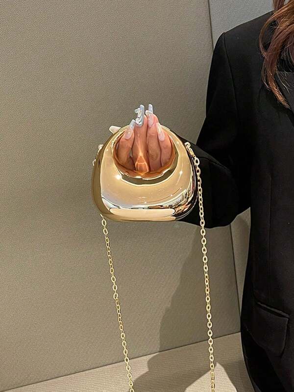 1pc New Avant-Garde Metallic Mirror Acrylic Crescent Moon Box Mini Handbag, Glossy Silver & Gold Lunar Bag, Fashion Versatile With Metal Chain Shoulder/Crossbody Bag, Lipstick, Earphone Case, Evening Clutch, Women's Mini Party Purse