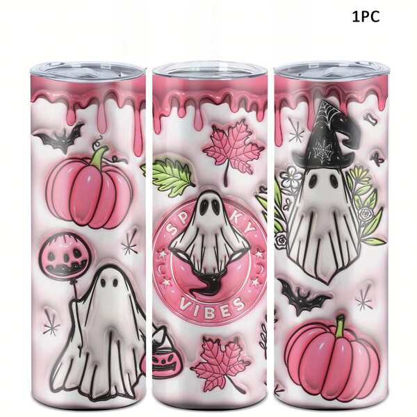 1pc 20oz Stainless Steel Insulated Tumbler, Halloween Limited Edition. Pink Halloween Ghost Pattern, Cute And Fun. Suitable For Personal Use Or Gift, Also A Must-Have Item For The Holiday.