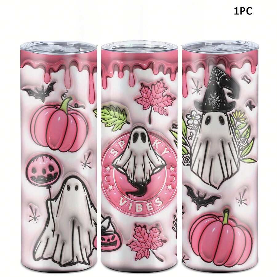 1pc 20oz Stainless Steel Insulated Tumbler, Halloween Limited Edition. Pink Halloween Ghost Pattern, Cute And Fun. Suitable For Personal Use Or Gift, Also A Must-Have Item For The Holiday. - Multicolor - View 1
