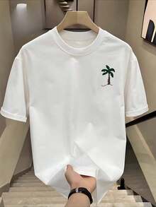 Camiseta casual para hombre 100 % algodón de 220 g: camiseta de cuello redondo suave y cómoda con estampado de palmeras, perfecta para ropa casual y actividades al aire libre, ropa casual transpirable. - Blanco - Ver 1
