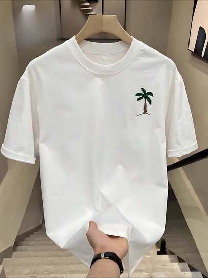 Camiseta casual para hombre 100 % algodón de 220 g: camiseta de cuello redondo suave y cómoda con estampado de palmeras, perfecta para ropa casual y actividades al aire libre, ropa casual transpirable.