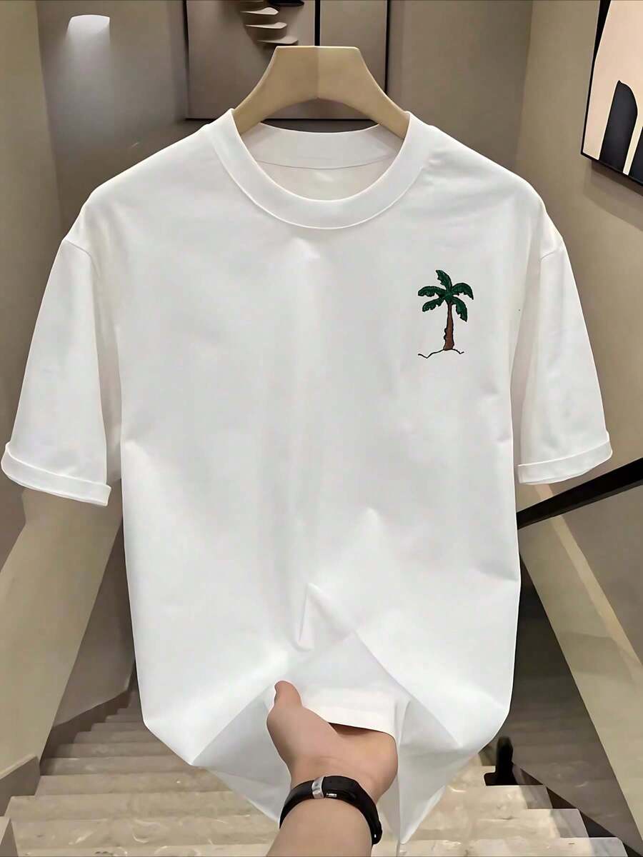 Camiseta casual para hombre 100 % algodón de 220 g: camiseta de cuello redondo suave y cómoda con estampado de palmeras, perfecta para ropa casual y actividades al aire libre, ropa casual transpirable. - Blanco - Ver 1