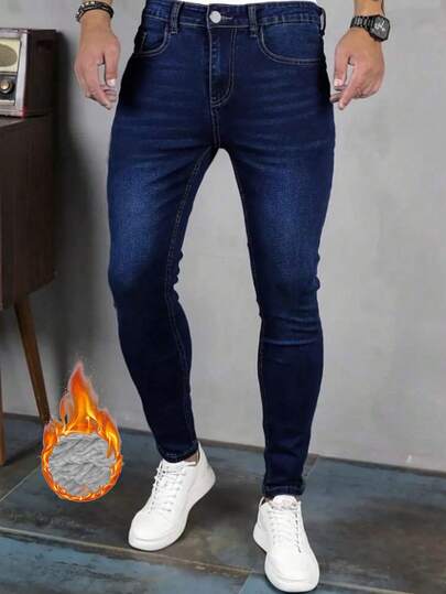 男士深色水洗修身牛仔裤，街头风舒适保暖内衬长裤，适合秋冬季节穿着，送给男友/老公的绝佳礼物