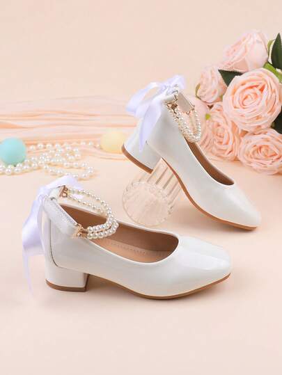 Zapatos formales de vestir para niñas, bailarinas, Mary Janes, aptos para bodas, fiestas, actuaciones, bailes, vacaciones, festivales, tacones altos elegantes, adecuados para niñas pequeñas, niños, bebés, con moños, perlas, en color blanco