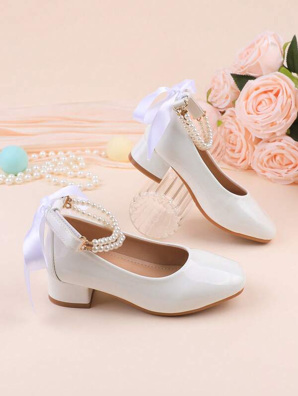 Girls' Formal Dress Shoes, Ballet Flats, Mary Janes, Suitable For Weddings, Parties, Performances, Dances, Holidays, Festivals, Elegant High Heels, Suitable For Toddlers, Little Girls, Children, Infants, Featuring Bows, Pearls, In White Color