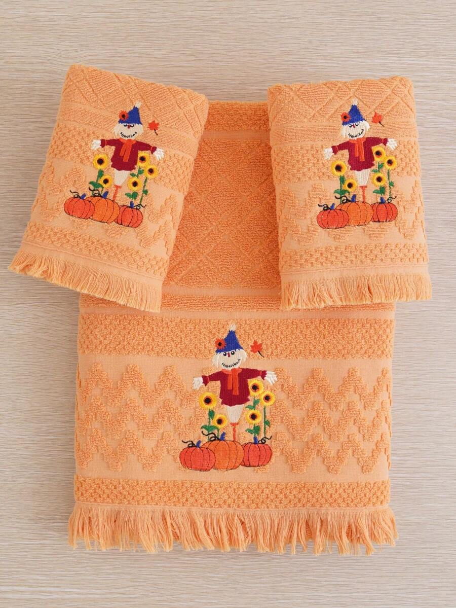 QIBHI 3/1 Stück(e) Baumwoll-Frottee bestickte Badezimmer-/Handtücher, Herbstdekoration, Vogelscheuchen-Festival Dekoration, Sonnenblumen Landleben Urlaub, Festival Geschenk - Gelb - Übersicht 1