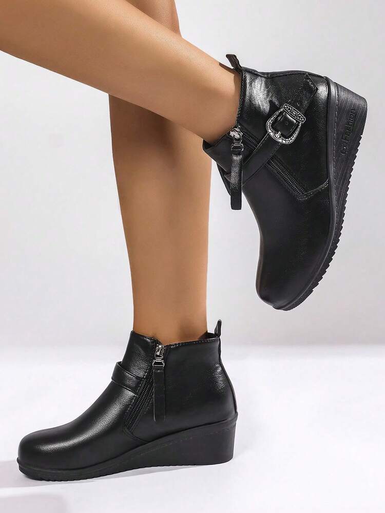 女式踝靴，保暖衬里，防滑鞋底，双拉链闭合，圆头，粗跟，短靴，时尚扣饰，冬季鞋 - 黑色 - 查看 3