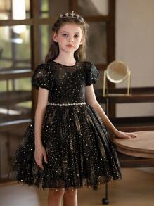 女童黑色短款薄纱星星印花派对连衣裙 - 黑色 - 查看 5