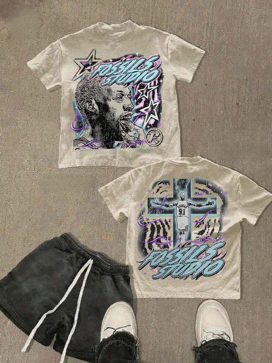 (220 Cotton T-Shirt Double-Sided Printing)  Y2k Style  Pattern Men's Casual Soft 100% Cotton All-Match Crew-Neck Short-Sleeved T-Shirt - 米色 - 查看 1