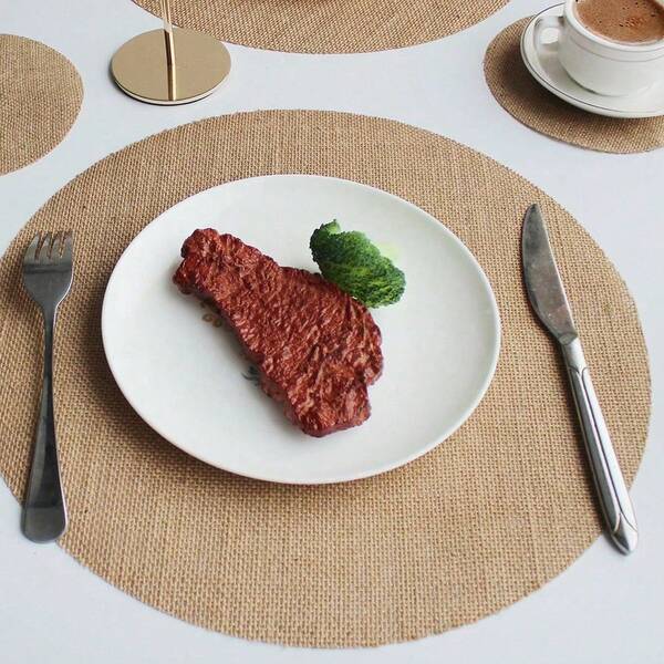 5/10/20 piezas Manteles individuales redondos de lino y arpillera estilo bohemio para mesa de comedor, manteles individuales redondos de lino y yute, almohadillas aislantes térmicas para mesa de cocina y restaurante, mantel de boda, decoración de boda, resistente al agua y a las manchas, fácil de limpiar, decoración de mesa de cocina y comedor, adecuado para cenas de Navidad, fiestas, cumpleaños, comidas al aire libre en el campo, todo el año