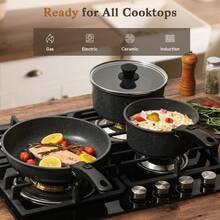 15pcs Nonstick Granite Coated Cookware Set, Induction Compatible Aluminum Kitchen Pots And Pans, All-In-One Cooking Kit With Frying Pans, Saucepans, Stew Pot, Soup Pot & Kitchen Tools - 黑色 - 查看 4