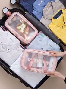 Transparent PVC Toiletry Bag Letters Makeup Bag Waterproof Travel Toiletry Bag Letter Zipper Waterproof Makeup Storage Bag Cosmetic Organizer Bag Organizing & Storage Portable Cosmetic Travel Bag Latter Print Travel Essentials For Holiday Vacation Bag For School Cruise Essentials Toiletry Bag For Women Wash Bag For Travel For Bathroom Large Capacity For Men For Women