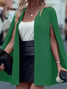 绿色无袖斗篷开衫，时尚优雅百搭女士斗篷夹克 - 綠色 - 查看 3