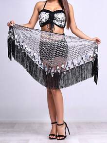 One Women's Belly Dance Hip Towel, A Triangular Coin-Embellished Hip Towel With Tassels And Sequins, Suitable For Music Festival Stage Performance Costumes And Accessories. - Multicolor - View 10