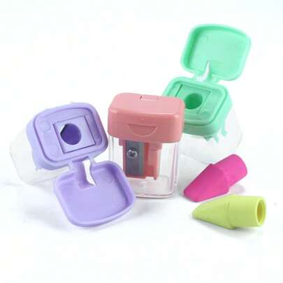 1 st Macaron Color Mini Bärbar Plastpennvässare med Flip-Top, Slumpmässig Stil