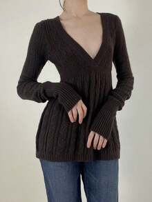 Women's Fall Sweater Long Sleeve V Neck Cable Knit Ruffle Babydoll Sweater Tops - Brown - View 7