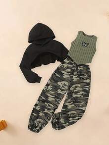 Conjunto de pantalones de otoño para niñas con parte superior con capucha de manga larga, chaleco acanalado y pantalones camuflados - Verde militar - Ver 4