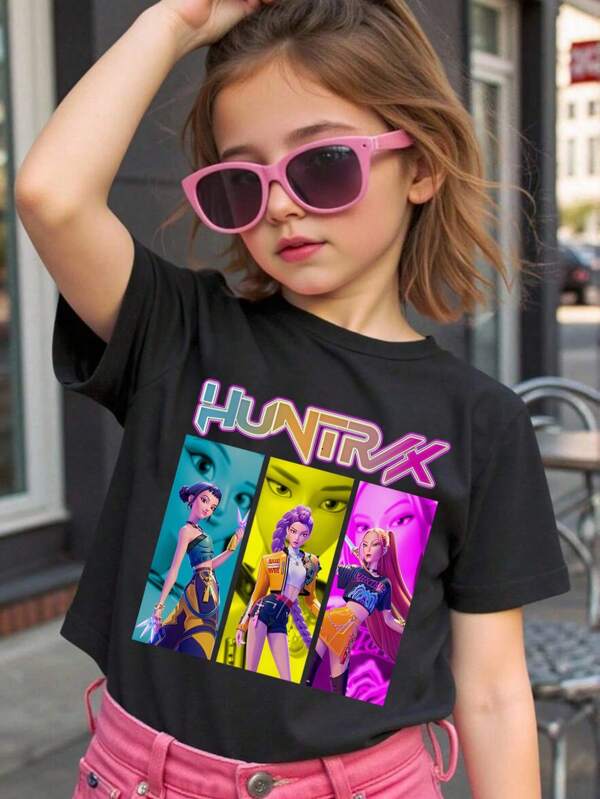 Young Girl's/Boy's "Cotton Graphic Tees, Rumi&Zoey&Mira, Black Summer Shirts With Colorful Cartoon Design, Gifts For KPOP Fansl, Round Neck Short Sleeve T-Shirt, Fun,HuntrixT Shirt, Music Shirt" Kids Clothes Girl's/Boy's KPOP T-Shirts