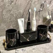 1 Piece Ceramic Gold Marble Toothbrush Holder 3-Hole Freestanding Storage Rack For Bathroom Countertops, Multi-Function Toothbrush And Toothpaste Storage Rack, Durable And Elegant Home Decor Accessory, Stylish Bathroom Supplies - Multicolor - View 15