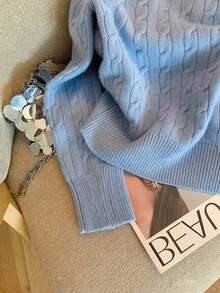 女式休闲秋季麻花针织圆领长袖毛衣上衣 - 寶藍色 - 查看 3