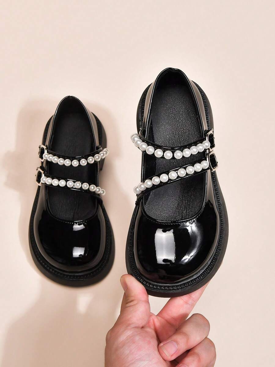 Zapatos de princesa con perlas para niñas, zapatos escolares brillantes de estilo coreano dulce, zapatos de estudiante de estilo británico para actuaciones - Negro - Ver 1