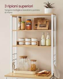 VASAGLE Scaffale da Cucina, Supporto per Forno a Microonde, Portaoggetti a 6 Ripiani con 6 Ganci per Bar, Struttura in Acciaio, Industriale, 40 x 60 x 167 cm, Colore Rovere e Bianco