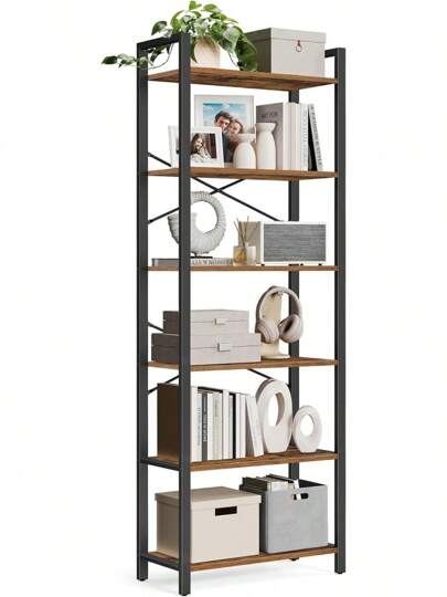 Estantería de 6 niveles, estantería de pie con marco de acero, estantería independiente, para sala de estar, dormitorio, sala de estudio, 30 X 66 X 186 cm, diseño industrial, tinte marrón-negro vintage LLS062B01