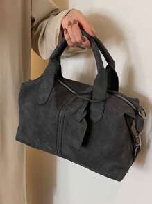 新款复古PU皮女士手提包，时尚拉链单肩包，配可拆卸肩带，女士工作旅行二合一包，灰色、黑色、绿色 - 黑色 - 查看 5